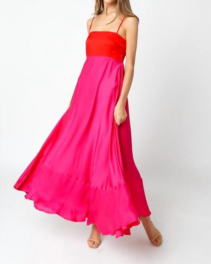 Front of a model wearing a size L Lana Two Tone Maxi Dress in Pink/Red in Pink/Red by OLIVACEOUS. | dia_product_style_image_id:345557